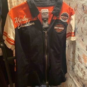 Black, orange, and white Harley Davidson short sleeve zip up shirt. Size XL